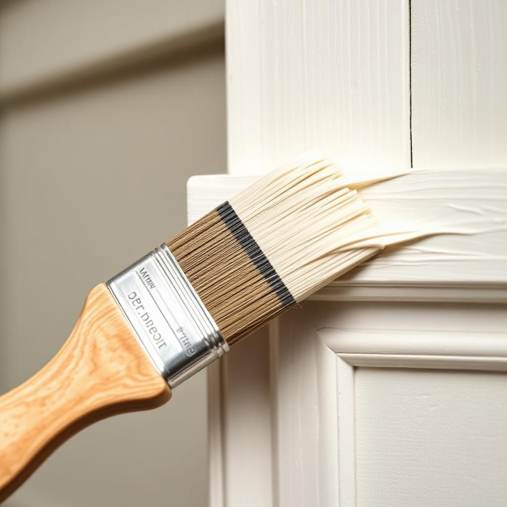 Close-up of a paint brush applying cream paint to wood trim