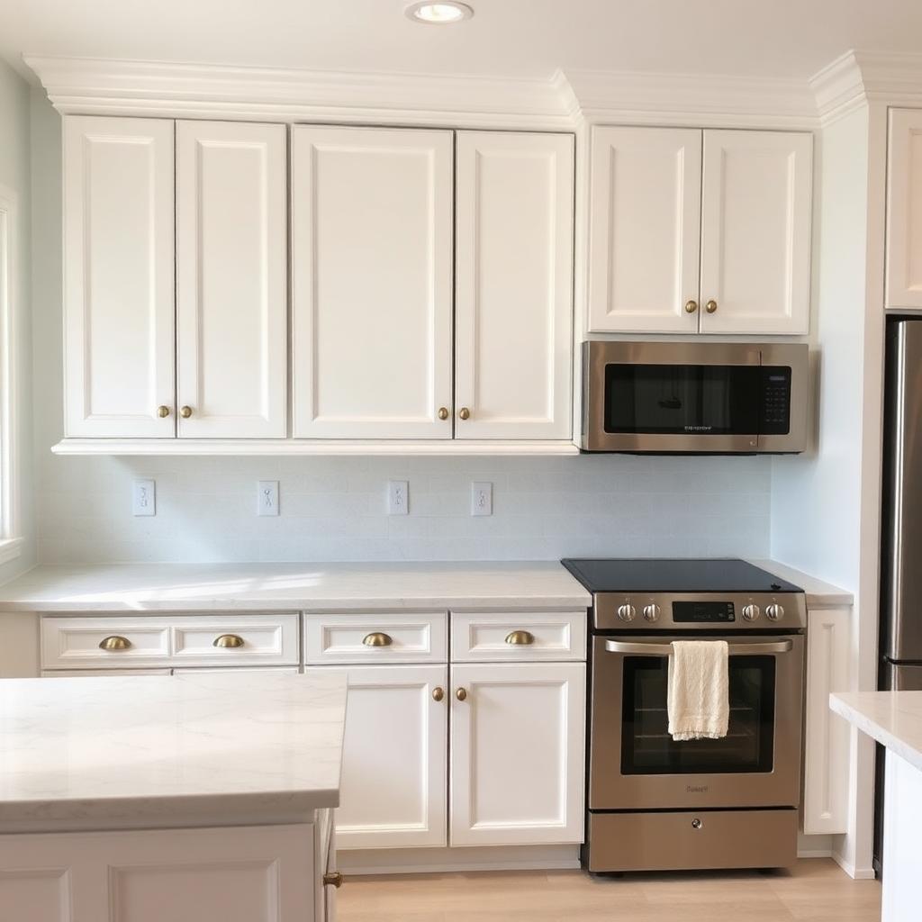 Refinished white kitchen cabinets with brass hardware