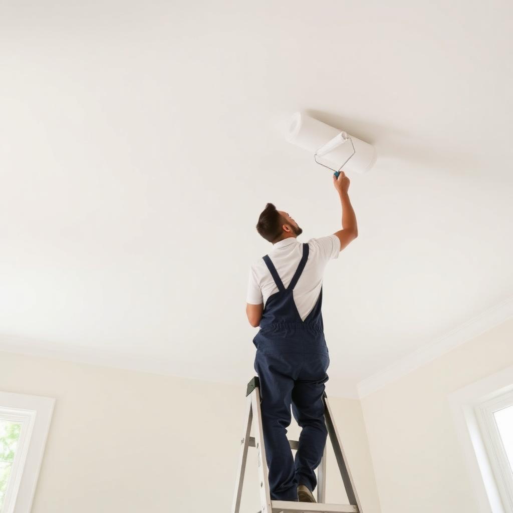 Painter on a ladder rolling fresh paint onto an interior ceiling