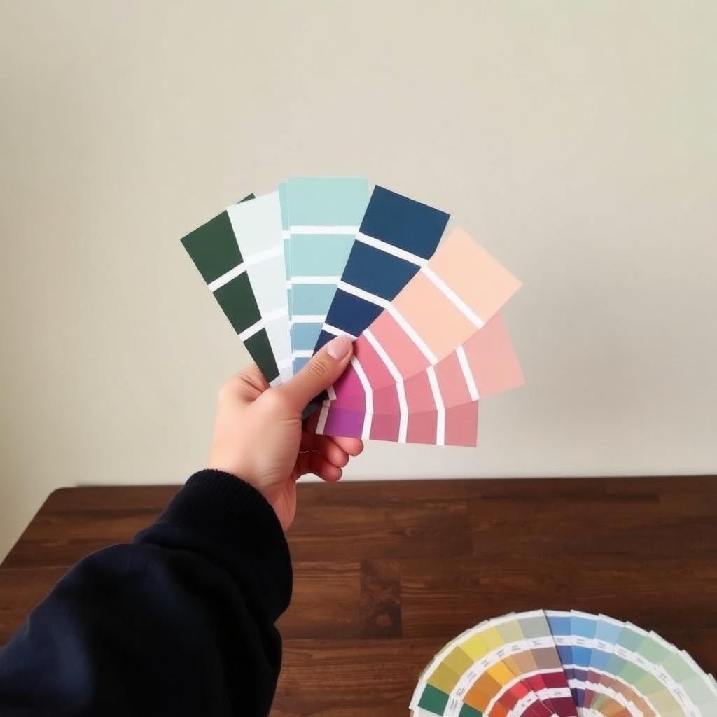 Hand holding a fan of paint color swatches for a color consultation