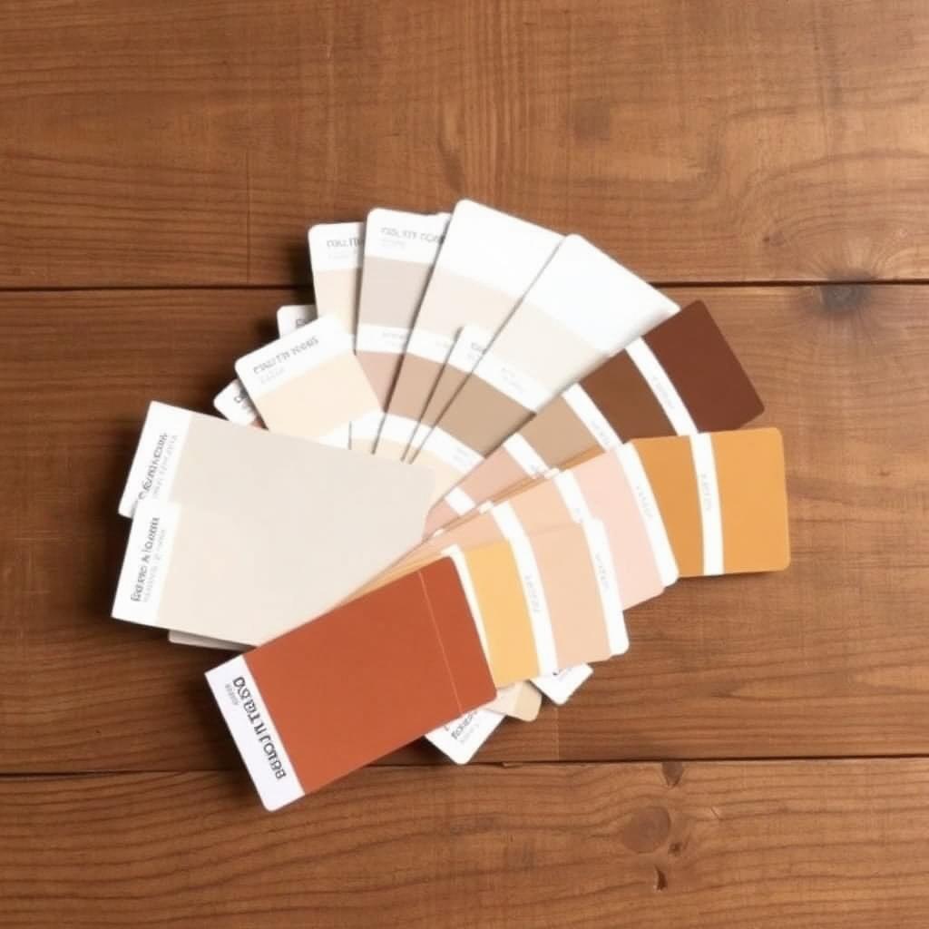 Paint color swatches fanned out on a wooden table