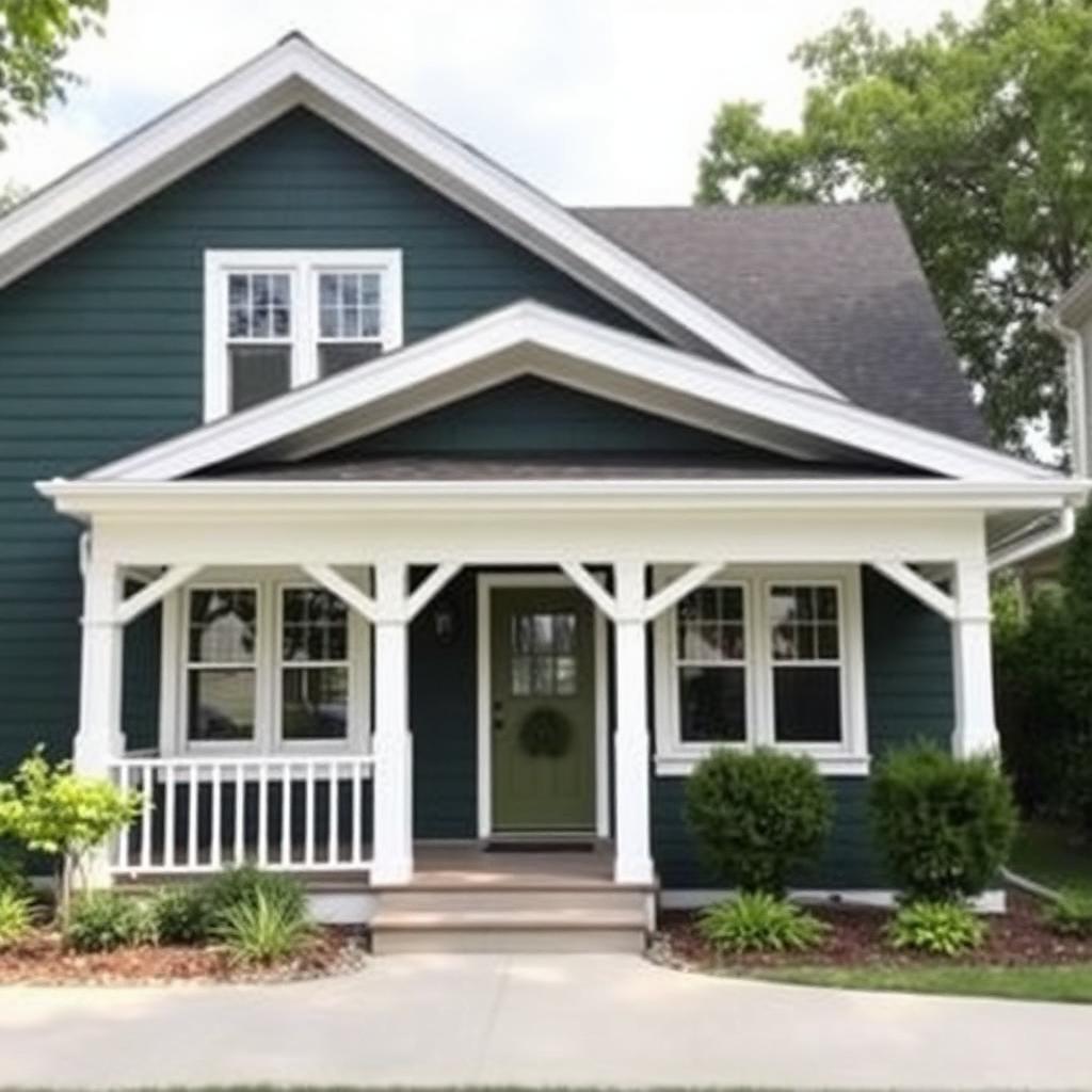 Craftsman home with freshly painted dark green exterior and white trim