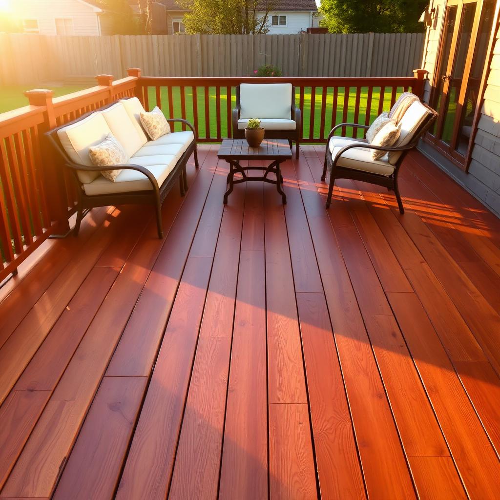 Freshly stained wooden backyard deck at golden hour