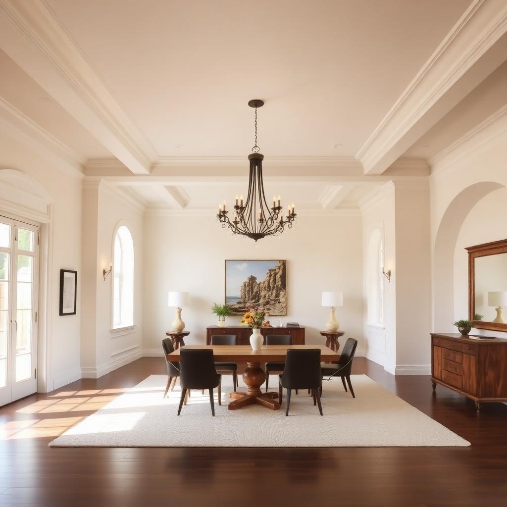 Open dining room with warm white painted walls and chandelier