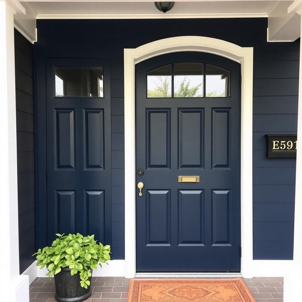 Elegant freshly painted navy blue front door with brass hardware
