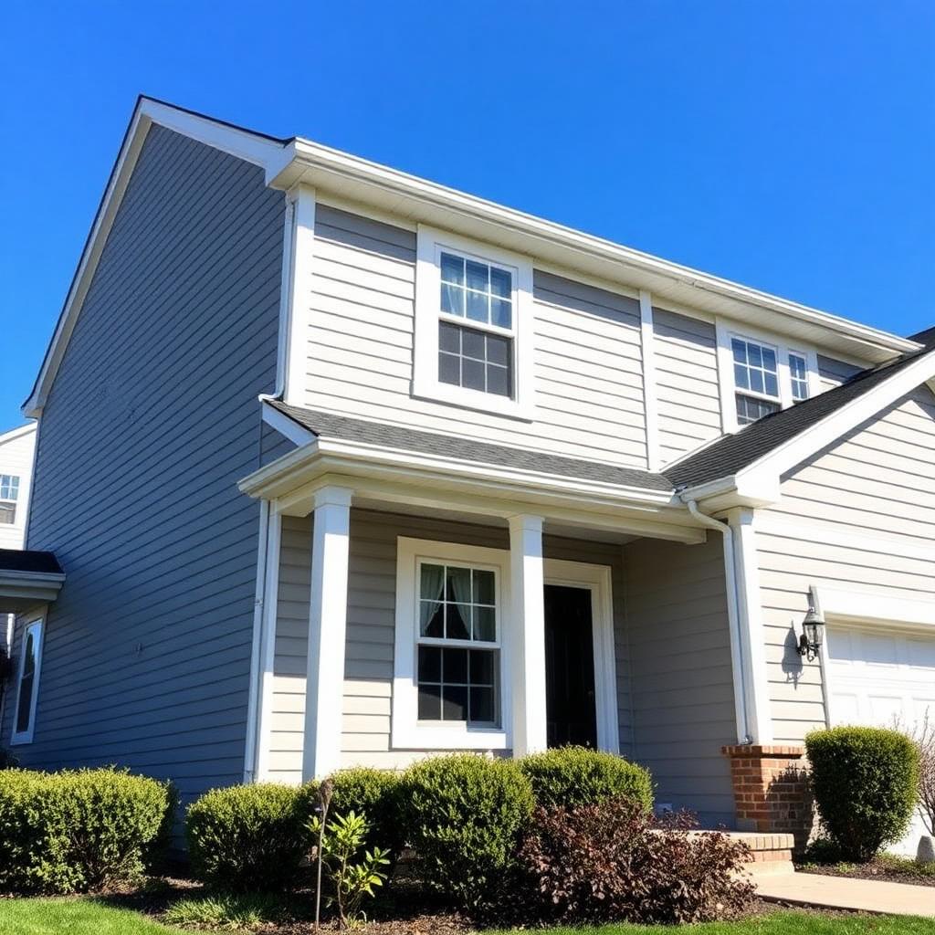 Two-story home with freshly painted gray siding and white trim