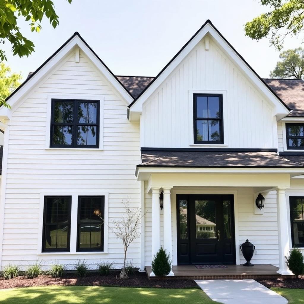 Modern farmhouse exterior with white siding and black window frames