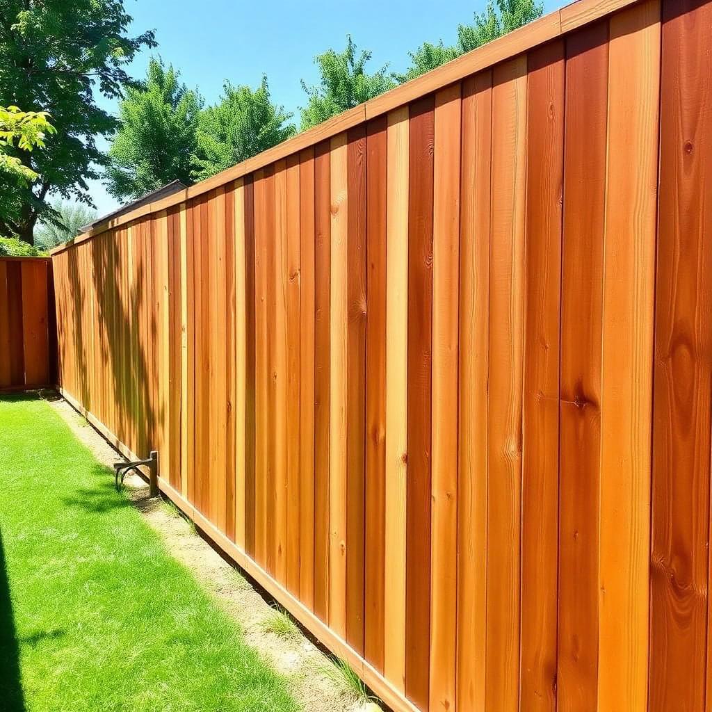 Long cedar privacy fence freshly stained on a sunny day