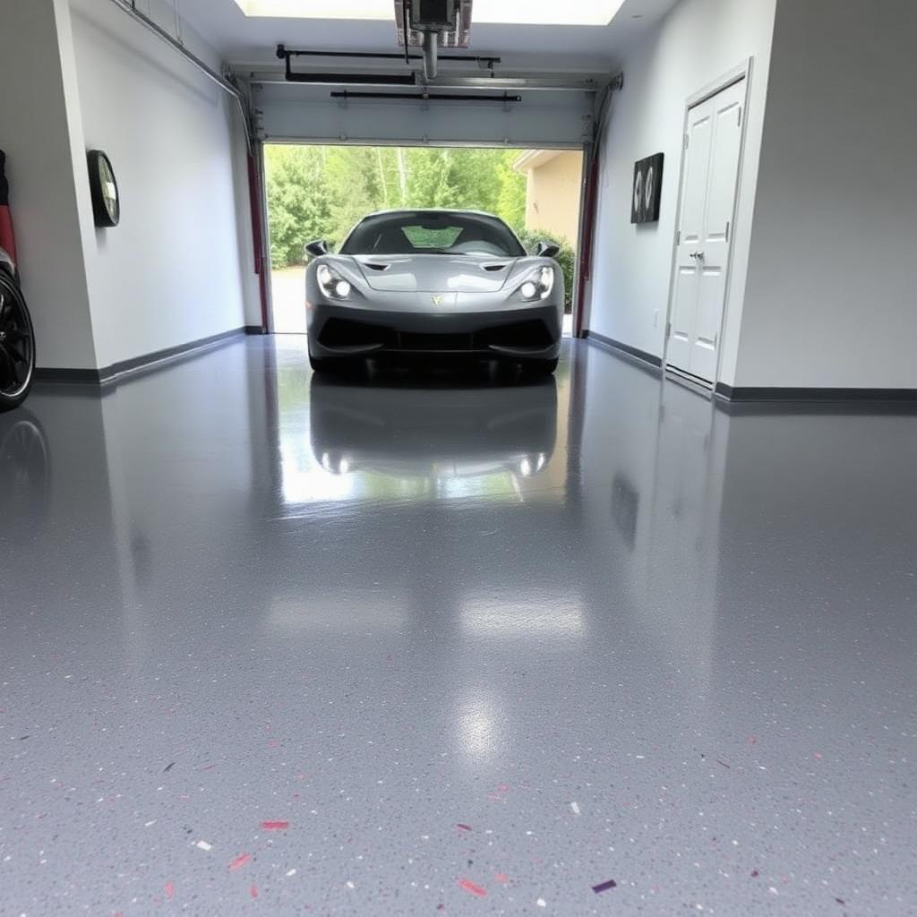 Residential garage with glossy gray epoxy floor coating and decorative flakes