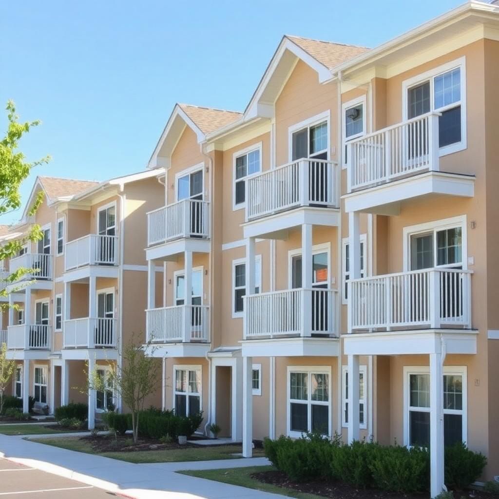 Row of multifamily apartment buildings with fresh exterior paint