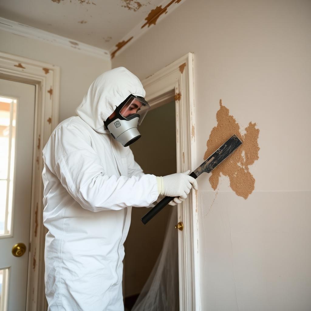 Worker in hazmat suit and respirator scraping lead paint in a historic home