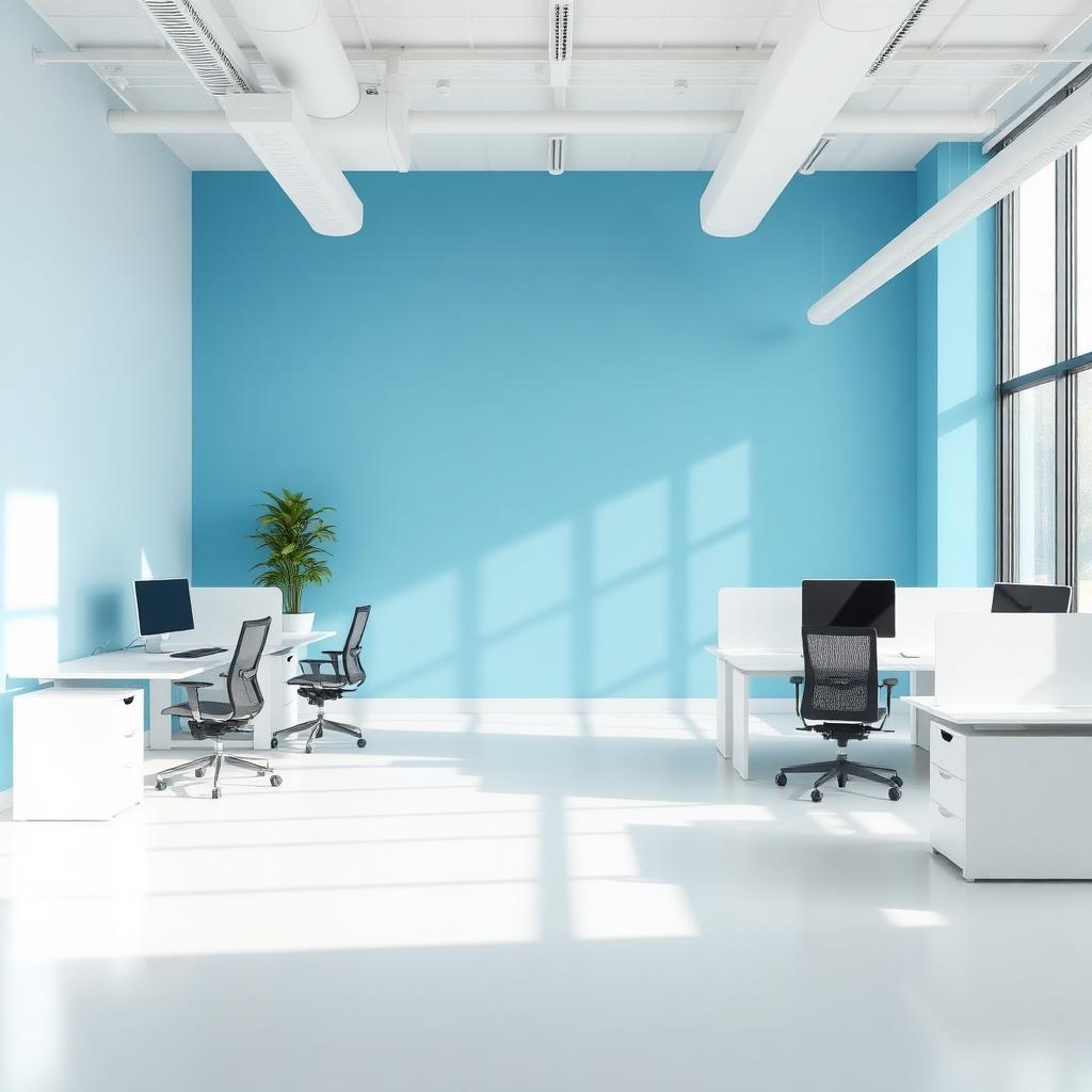 Modern office interior with a freshly painted blue accent wall