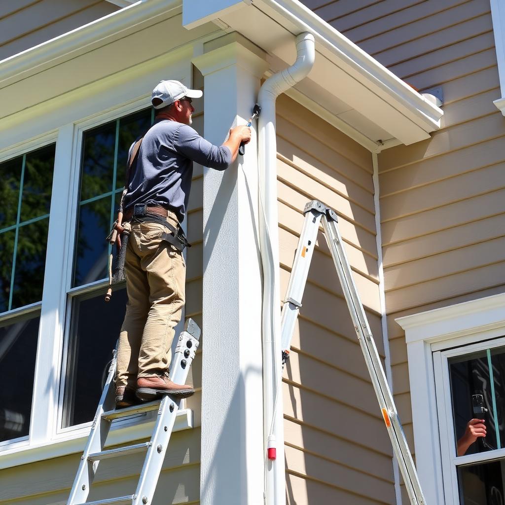 Painter on a ladder painting white exterior trim on a residential home