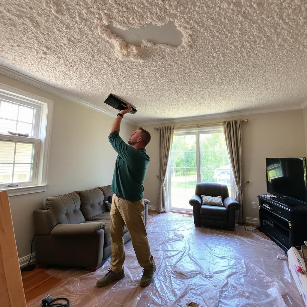 Worker scraping popcorn texture from a residential ceiling
