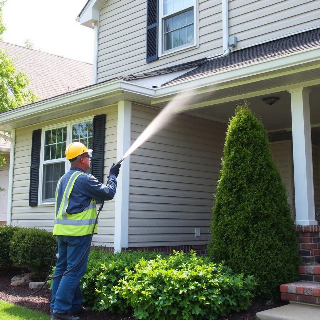 Worker pressure washing the exterior siding of a home
