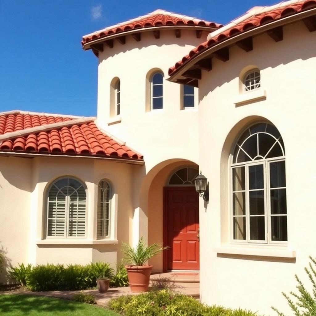 Spanish style home with freshly painted cream stucco walls