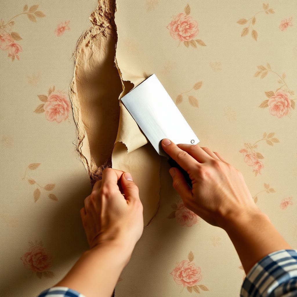 Hands peeling old floral wallpaper off an interior wall